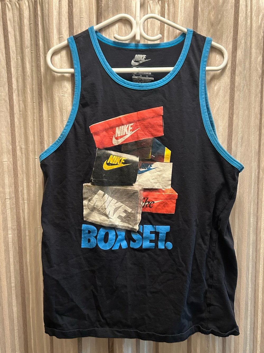 Nike Men’s Black Tank Top with Blue Trim - Boxset Graphic, Size XL